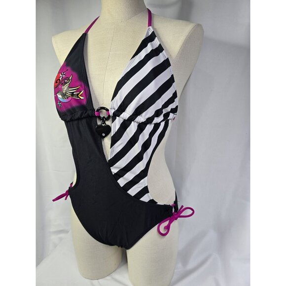 Y2K Black Pink Cutout Swimsuit One Piece Punk Grunge Tattoo Art Beach Sexy Edgy - Picture 7 of 16
